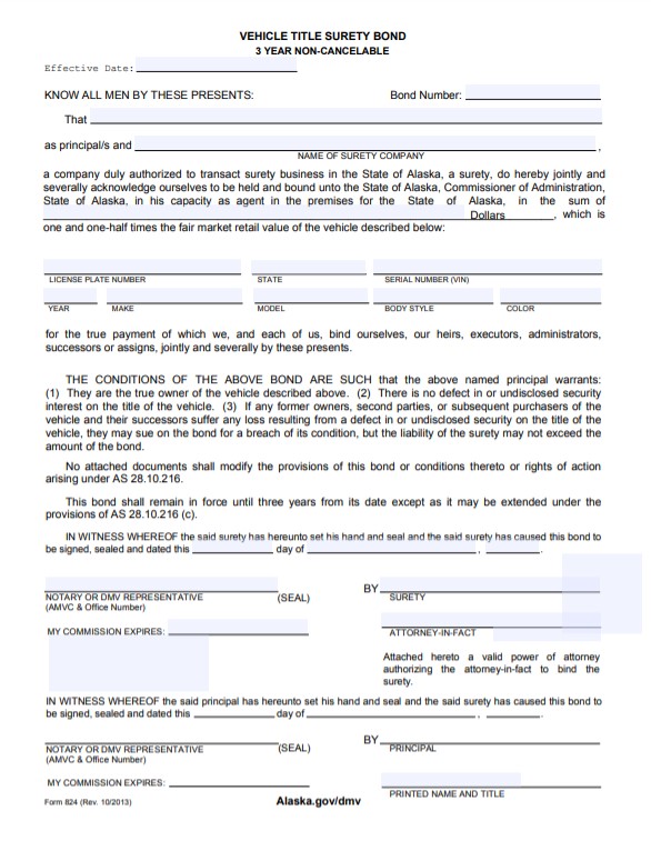 Alaska Lost Title Bond Form