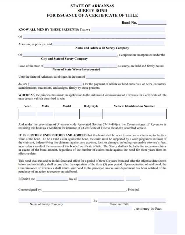 Arkansas Lost Title Bond Form