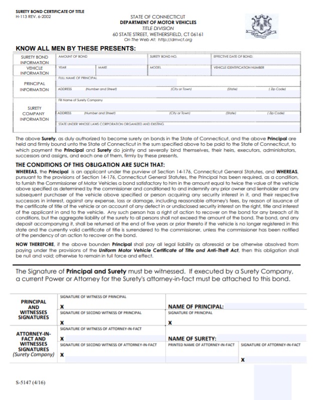 Connecticut Lost Title Bond Form