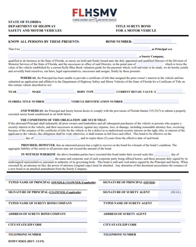 Florida Lost Title Bond Form