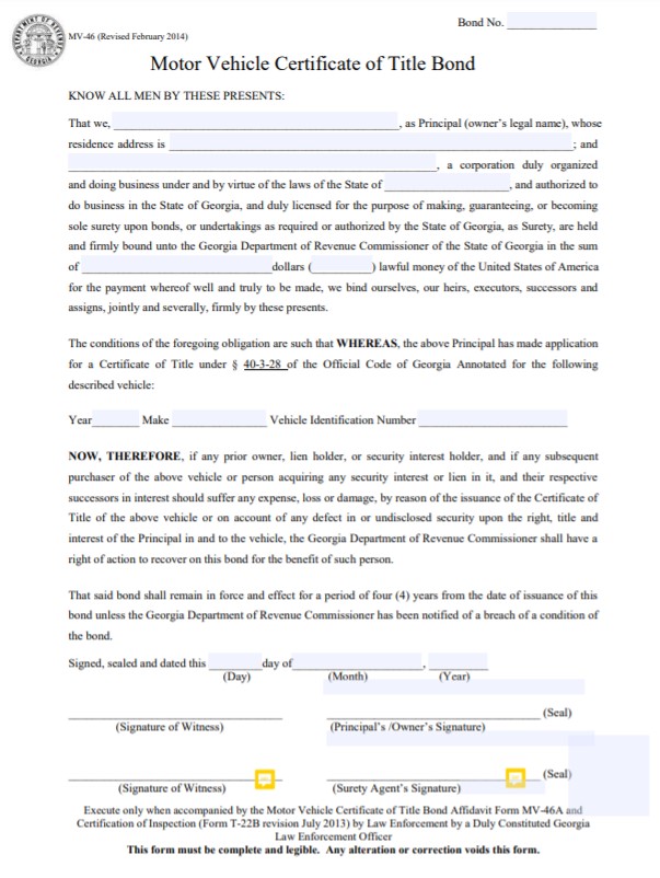 Georgia Lost Title Bond Form