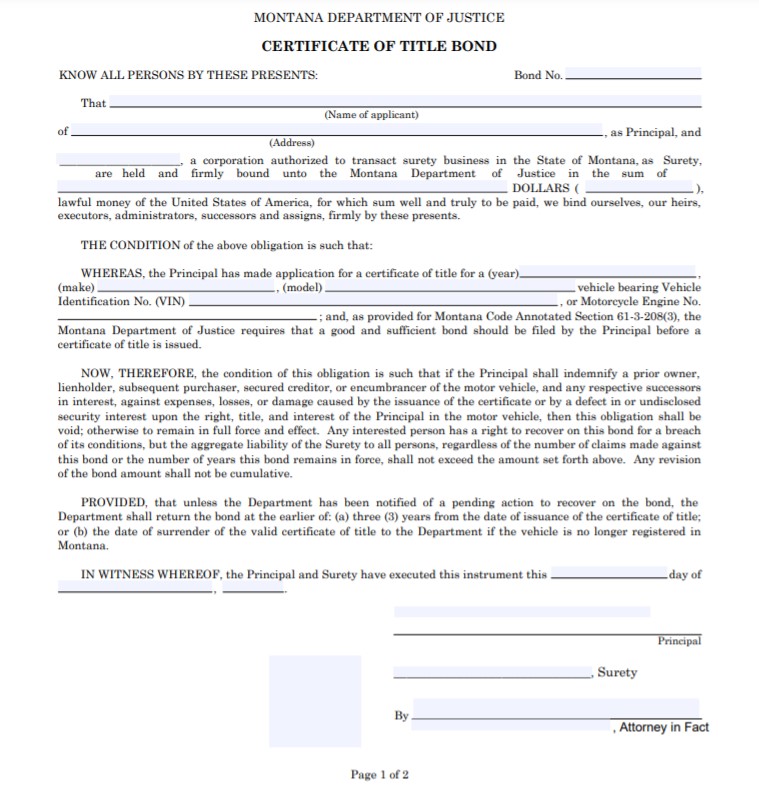 Montana Lost Title Bond Form