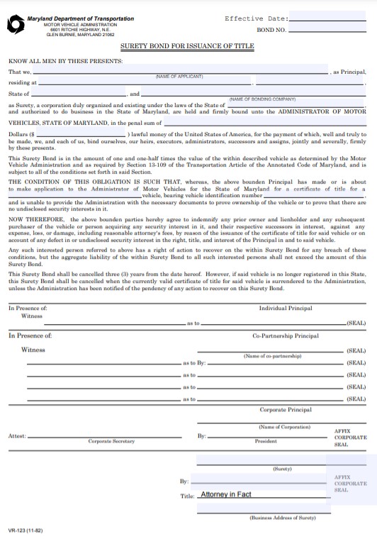 Maryland Lost Title Bond Form