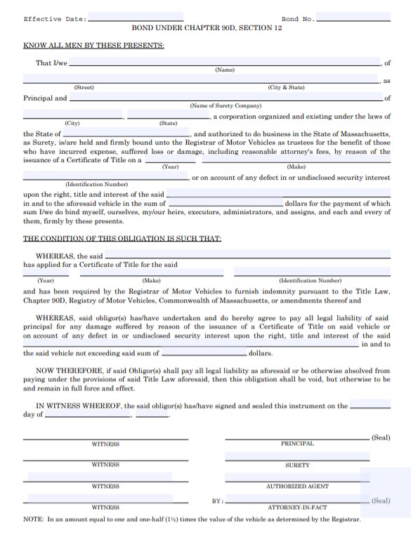 Massachusetts Lost Title Bond Form