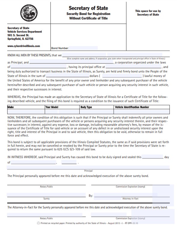 Illinois Lost Title Bond Form