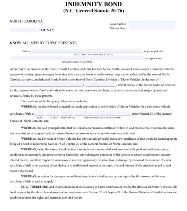 North Carolina Lost Title Bond Form