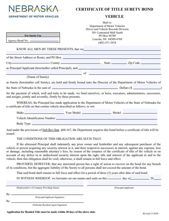 Nebraska Lost Title Bond Form