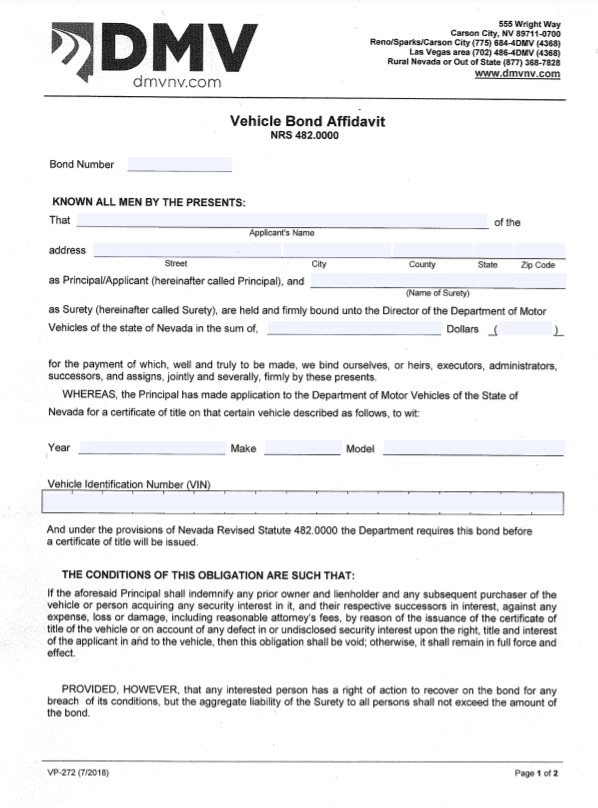 Nevada Lost Title Bond Form