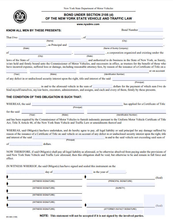 New York Lost Title Bond Form