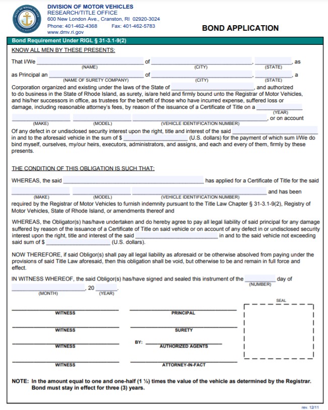 Rhode Island Lost Title Bond Form