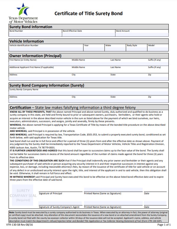 Texas Lost Title Bond Form