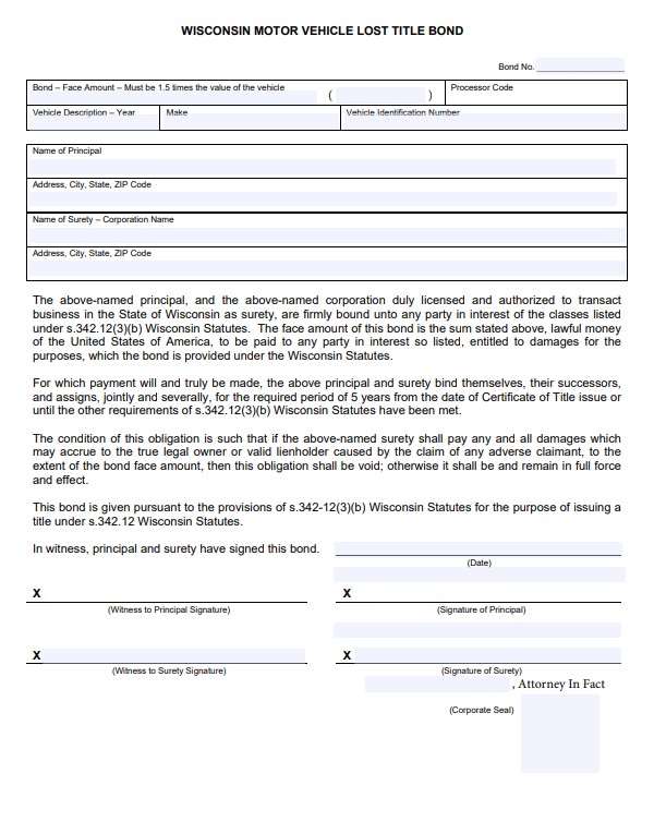 Wisconsin Lost Title Bond Form