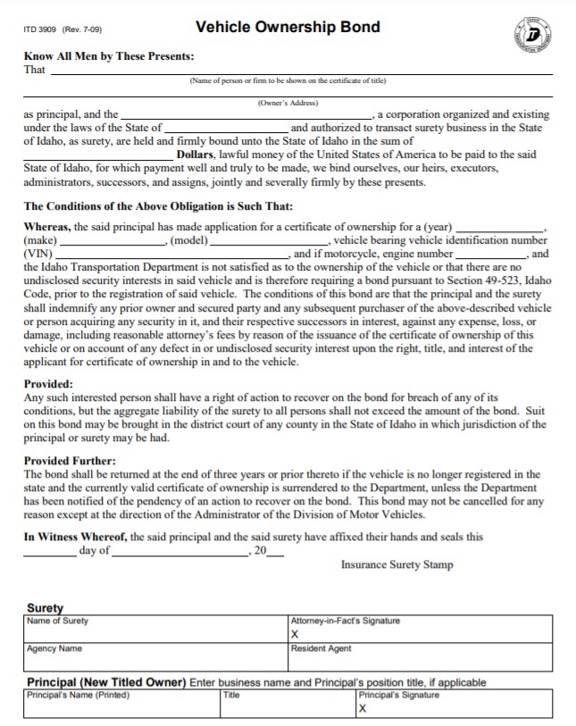 Idaho Lost Title Bond Form