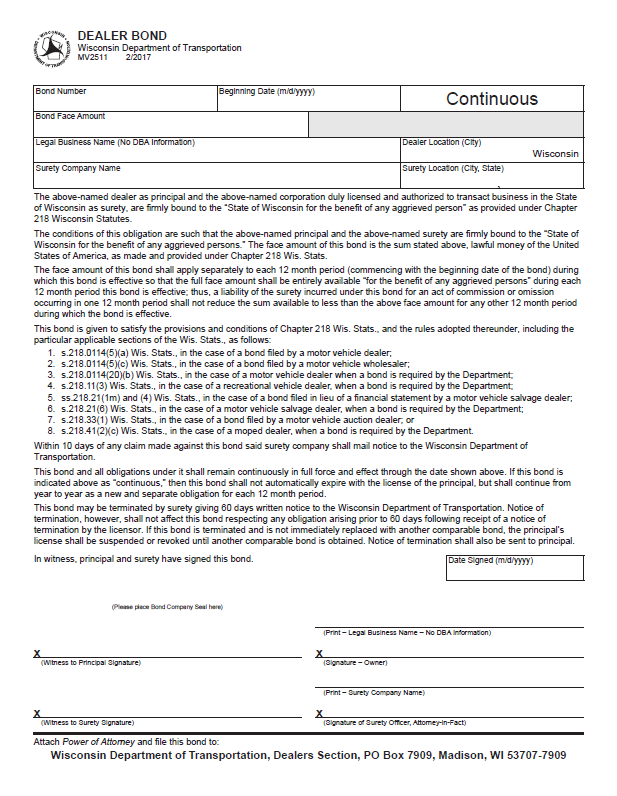 wisconsin auto dealer bond form